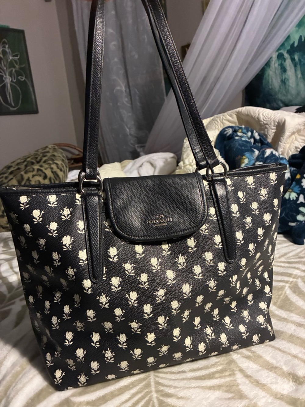 COACH Black Tote with Cream Floral Motif